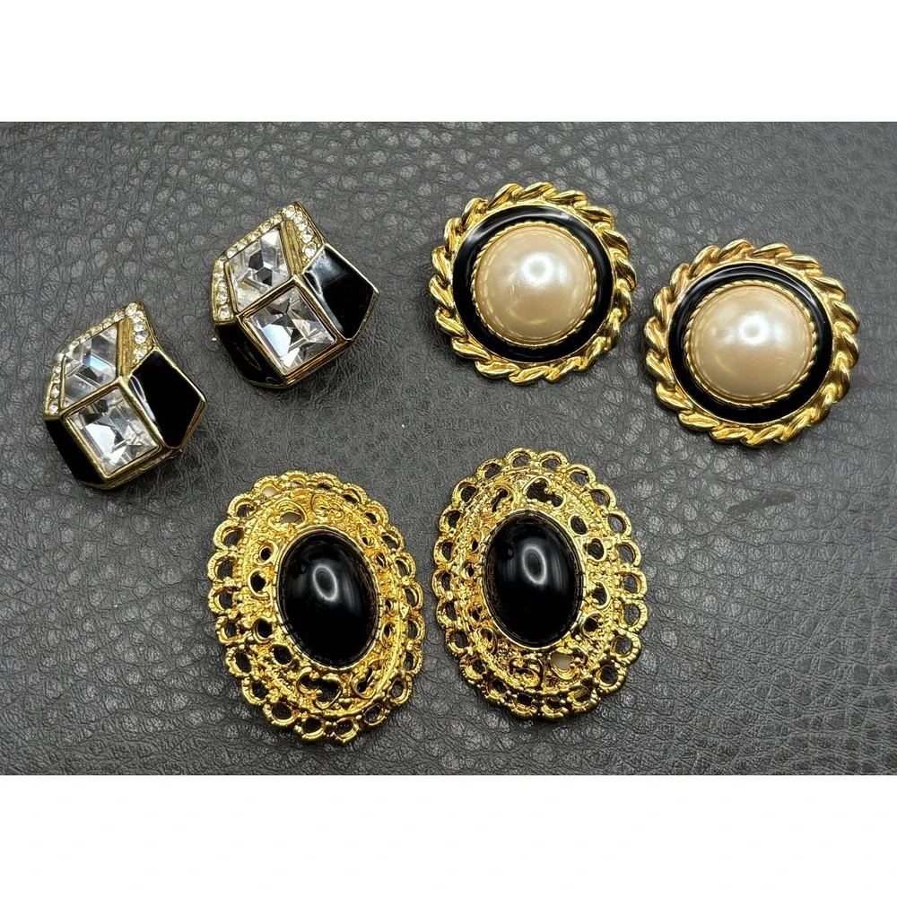Vintage Park Lane Lot 3 Pairs Clip-On Earrings Black Enamel Pearl Rhinestone